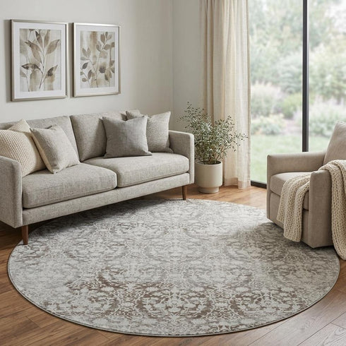 8' X 8' Chocolate And Ivory Damask Washable Round Rug With UV Protection