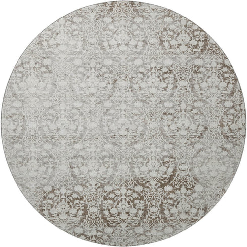 8' X 8' Chocolate And Ivory Damask Washable Round Rug With UV Protection