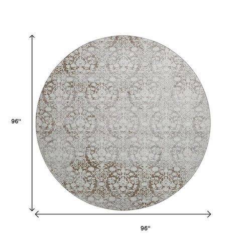 8' X 8' Chocolate And Ivory Damask Washable Round Rug With UV Protection