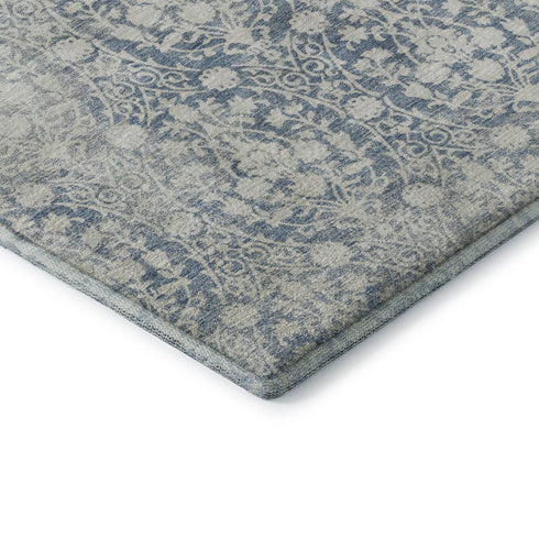 5' X 8' Denim Blue And Ivory Damask Washable Area Rug With UV Protection