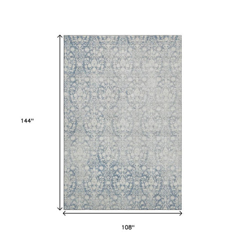 9' X 12' Denim Blue And Ivory Damask Washable Area Rug With UV Protection