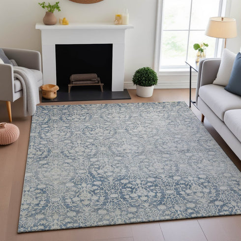 9' X 12' Denim Blue And Ivory Damask Washable Area Rug With UV Protection