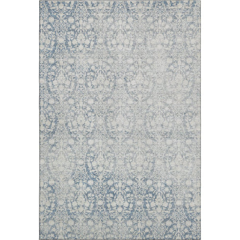 9' X 12' Denim Blue And Ivory Damask Washable Area Rug With UV Protection