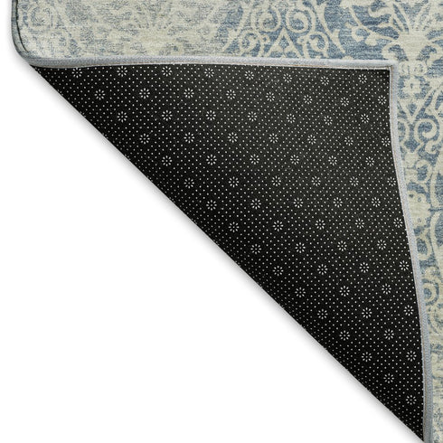9' X 12' Denim Blue And Ivory Damask Washable Area Rug With UV Protection