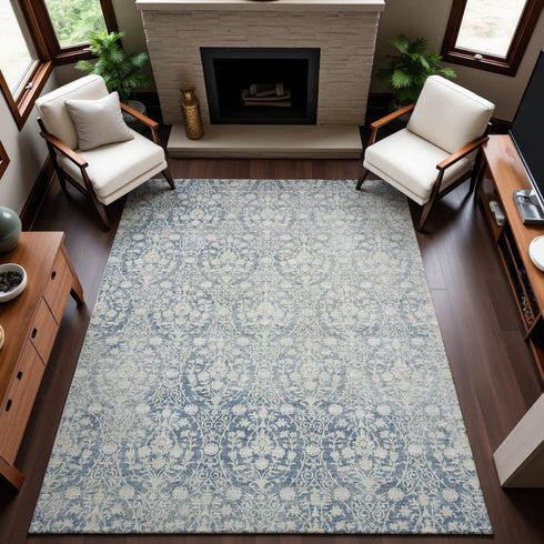 9' X 12' Denim Blue And Ivory Damask Washable Area Rug With UV Protection