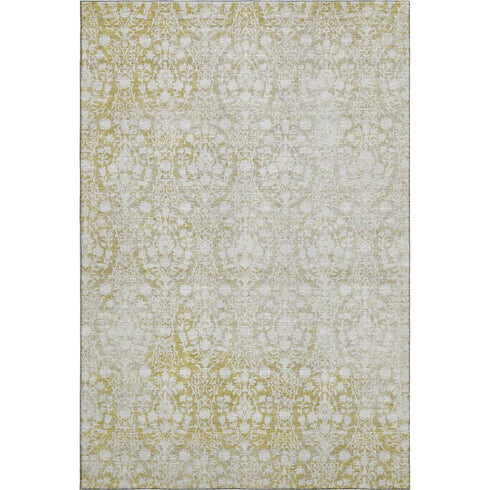 5' X 8' Gold And Ivory Damask Washable Area Rug With UV Protection