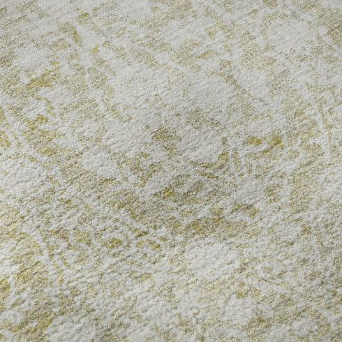 5' X 8' Gold And Ivory Damask Washable Area Rug With UV Protection
