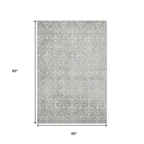 5' X 8' Gray And Ivory Damask Washable Area Rug With UV Protection