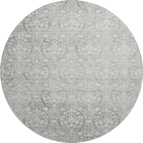 8' X 8' Gray And Ivory Damask Washable Round Rug With UV Protection