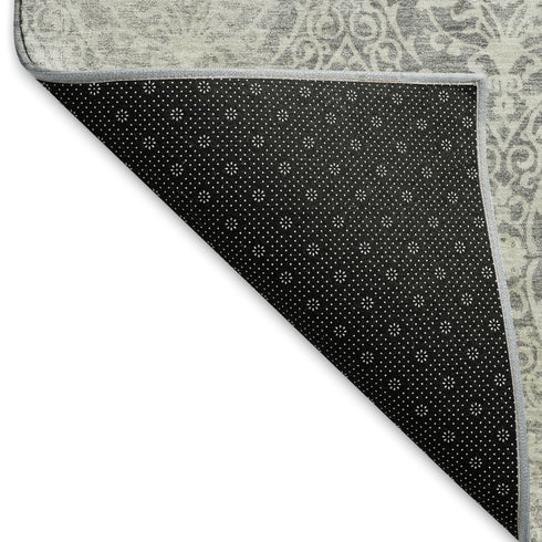 8' X 8' Gray And Ivory Damask Washable Round Rug With UV Protection