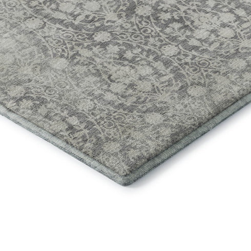 8' X 8' Gray And Ivory Damask Washable Round Rug With UV Protection