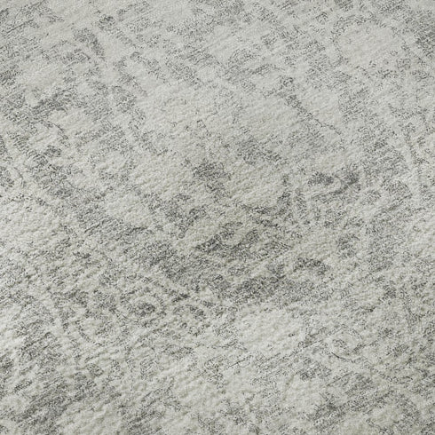 8' X 8' Gray And Ivory Damask Washable Round Rug With UV Protection