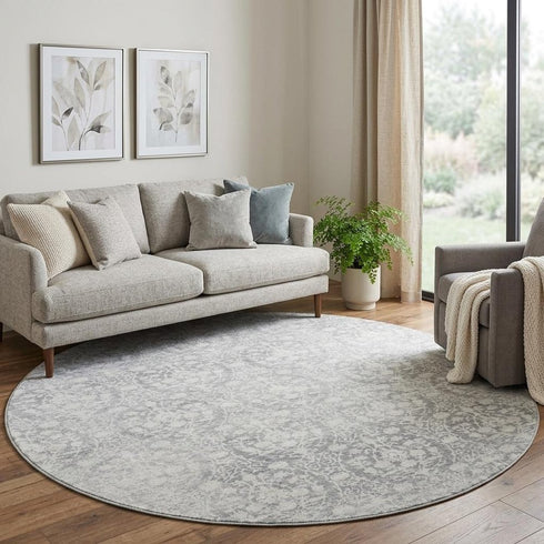 8' X 8' Gray And Ivory Damask Washable Round Rug With UV Protection