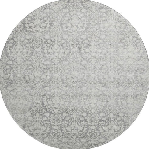 8' X 8' Gray And Ivory Damask Washable Round Rug With UV Protection