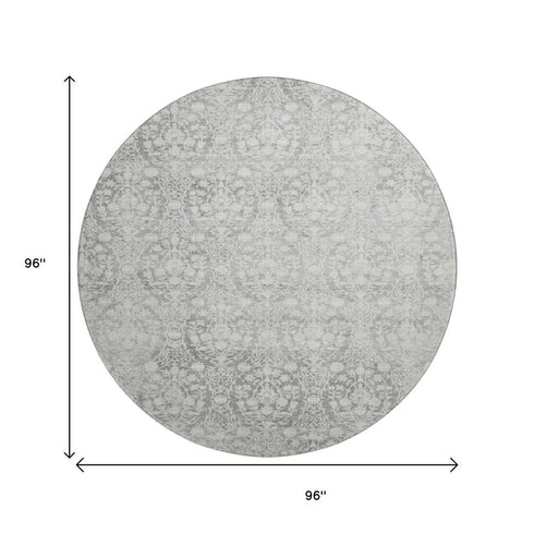 8' X 8' Gray And Ivory Damask Washable Round Rug With UV Protection