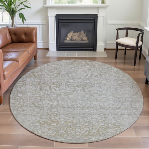 8' X 8' Tan And Ivory Damask Washable Round Rug With UV Protection