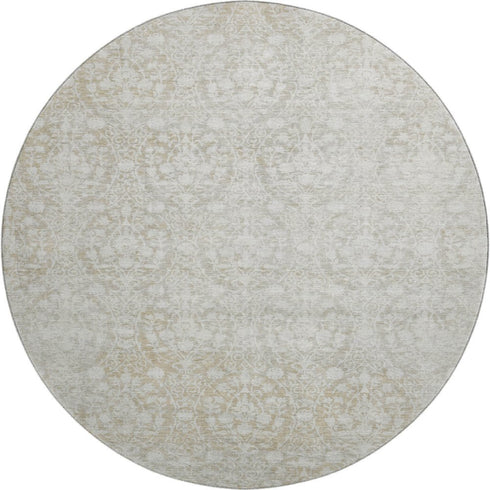 8' X 8' Tan And Ivory Damask Washable Round Rug With UV Protection
