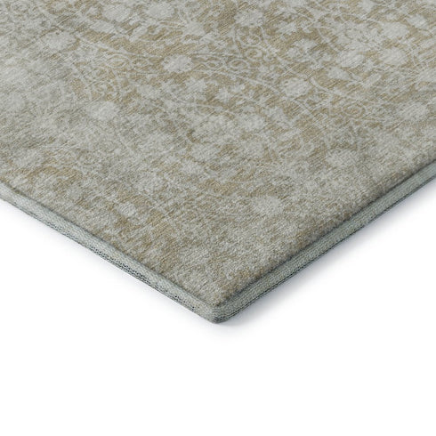 8' X 8' Tan And Ivory Damask Washable Round Rug With UV Protection
