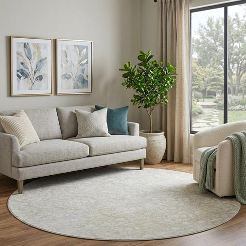 8' X 8' Tan And Ivory Damask Washable Round Rug With UV Protection
