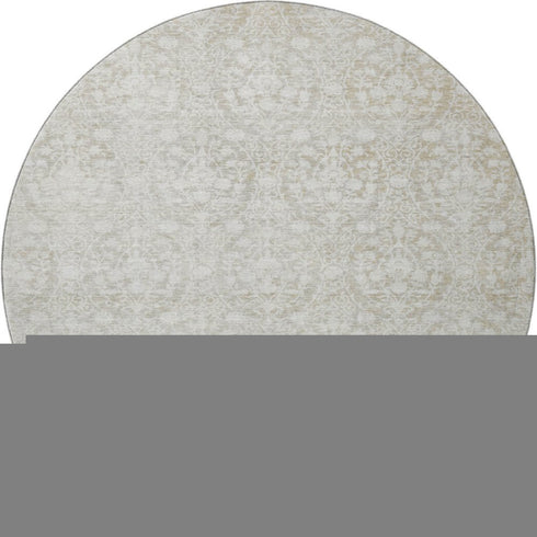 8' X 8' Tan And Ivory Damask Washable Round Rug With UV Protection