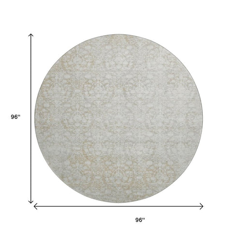 8' X 8' Tan And Ivory Damask Washable Round Rug With UV Protection