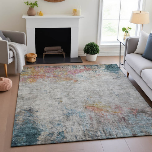 8' Teal Pink And Gold Abstract Washable Area Rug With UV Protection
