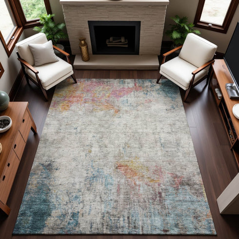 8' Teal Pink And Gold Abstract Washable Area Rug With UV Protection