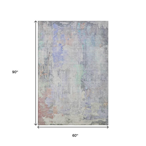 5' X 8' Purple Blue And Gray Abstract Washable Area Rug With UV Protection