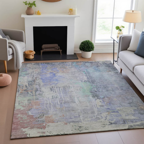 9' X 12' Purple Blue And Gray Abstract Washable Area Rug With UV Protection