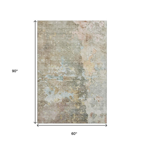 5' X 8' Brown Beige And Blue Abstract Washable Area Rug With UV Protection