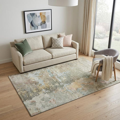 5' X 8' Brown Beige And Blue Abstract Washable Area Rug With UV Protection