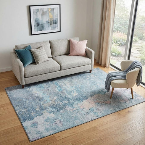 5' X 8' Blue Pink And Gray Abstract Washable Area Rug With UV Protection
