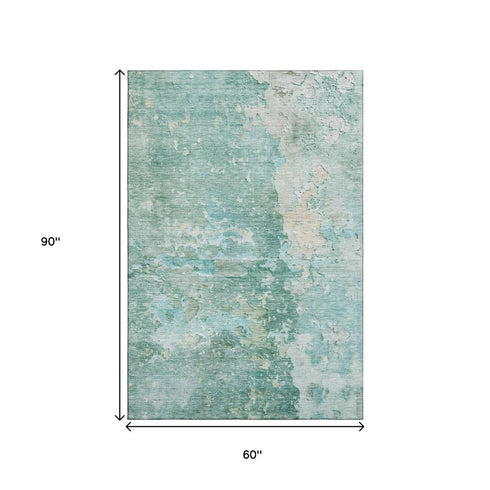 5' X 8' Emerald Pale Aqua And Ivory Abstract Washable Area Rug With UV Protection