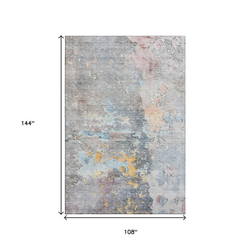 9' X 12' Granite Gray Teal And Blush Abstract Washable Area Rug With UV Protection