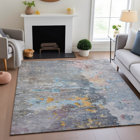 9' X 12' Granite Gray Teal And Blush Abstract Washable Area Rug With UV Protection