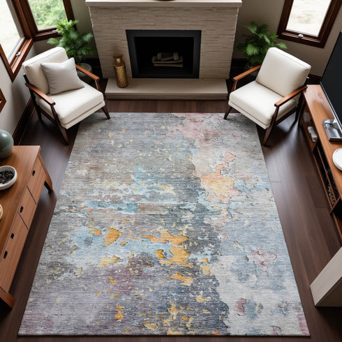 9' X 12' Granite Gray Teal And Blush Abstract Washable Area Rug With UV Protection