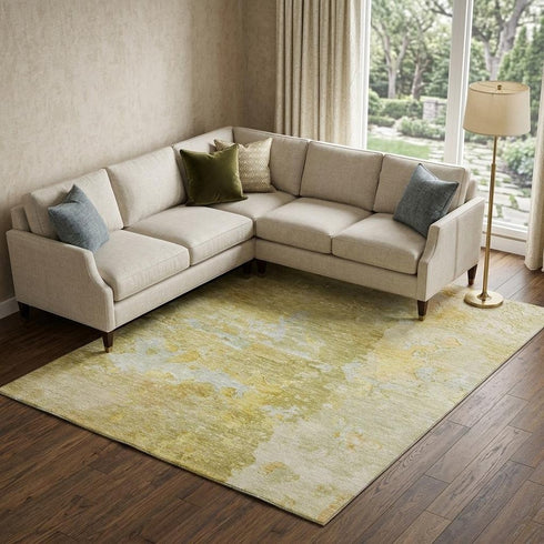 8' Gold Beige And Ivory Abstract Washable Area Rug With UV Protection
