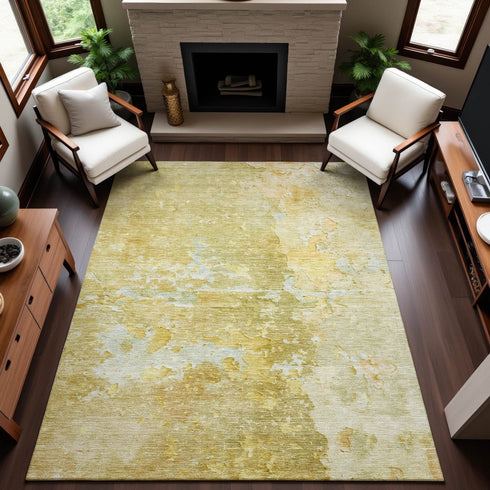8' Gold Beige And Ivory Abstract Washable Area Rug With UV Protection