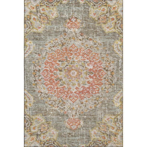 5' X 8' Brown Copper And Gold Floral Washable Area Rug With UV Protection