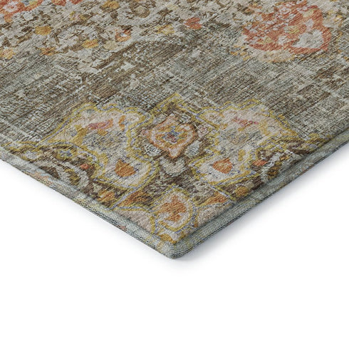 5' X 8' Brown Copper And Gold Floral Washable Area Rug With UV Protection