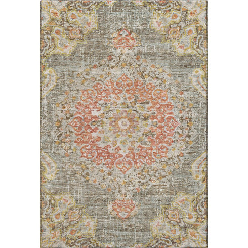 5' X 8' Brown Copper And Gold Floral Washable Area Rug With UV Protection