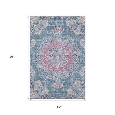 5' X 8' Blue Blush And Ivory Floral Washable Area Rug With UV Protection