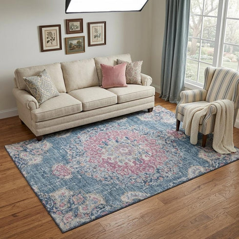 5' X 8' Blue Blush And Ivory Floral Washable Area Rug With UV Protection