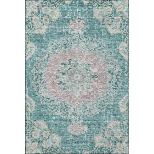 5' X 8' Teal Blush And Ivory Floral Washable Area Rug With UV Protection
