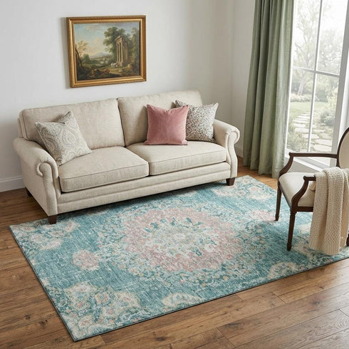 5' X 8' Teal Blush And Ivory Floral Washable Area Rug With UV Protection