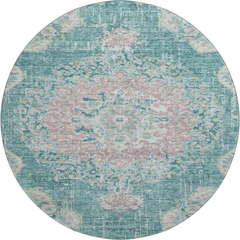 8' X 8' Teal Blush And Ivory Floral Washable Round Rug With UV Protection