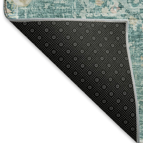 8' X 8' Teal Blush And Ivory Floral Washable Round Rug With UV Protection