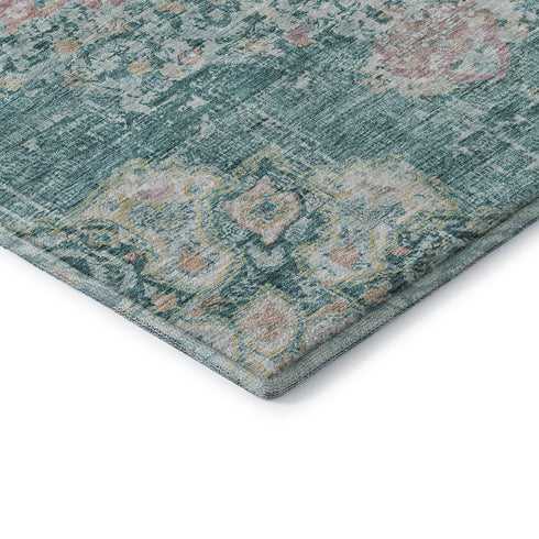 8' X 8' Teal Blush And Ivory Floral Washable Round Rug With UV Protection