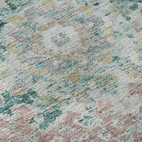8' X 8' Teal Blush And Ivory Floral Washable Round Rug With UV Protection