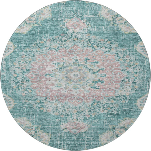 8' X 8' Teal Blush And Ivory Floral Washable Round Rug With UV Protection
